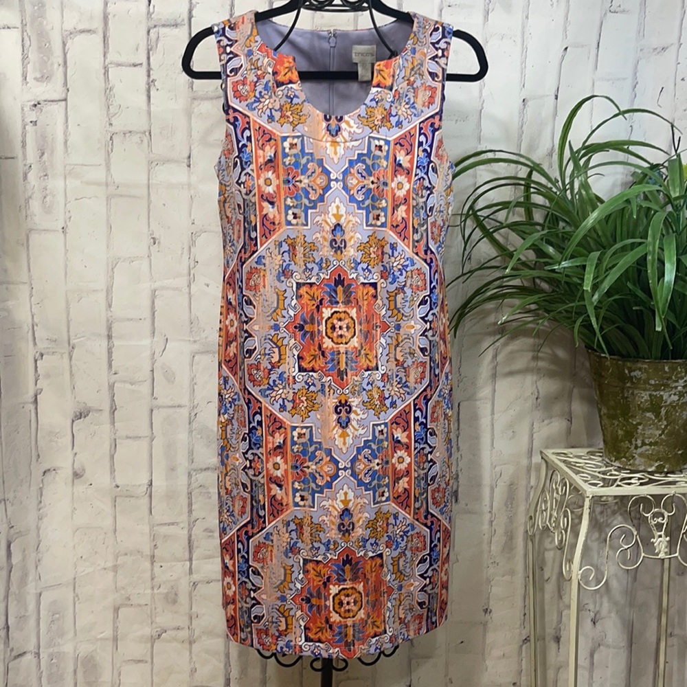 Chicos Southwestern Print Midi Dress Horseshoe Neckline Bohemian Stretchy Sheath